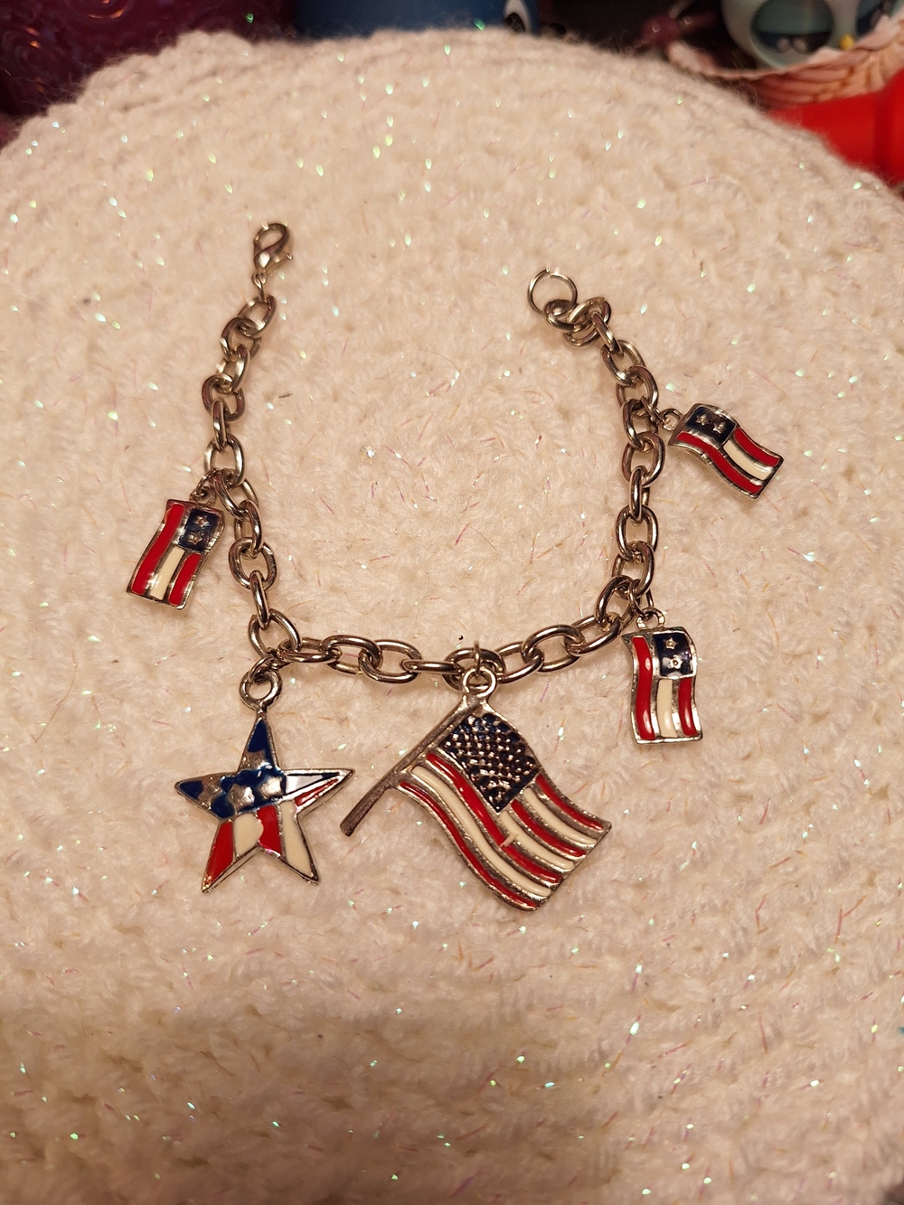 Patriotic American Flag Charm Bracelet Red White Blue